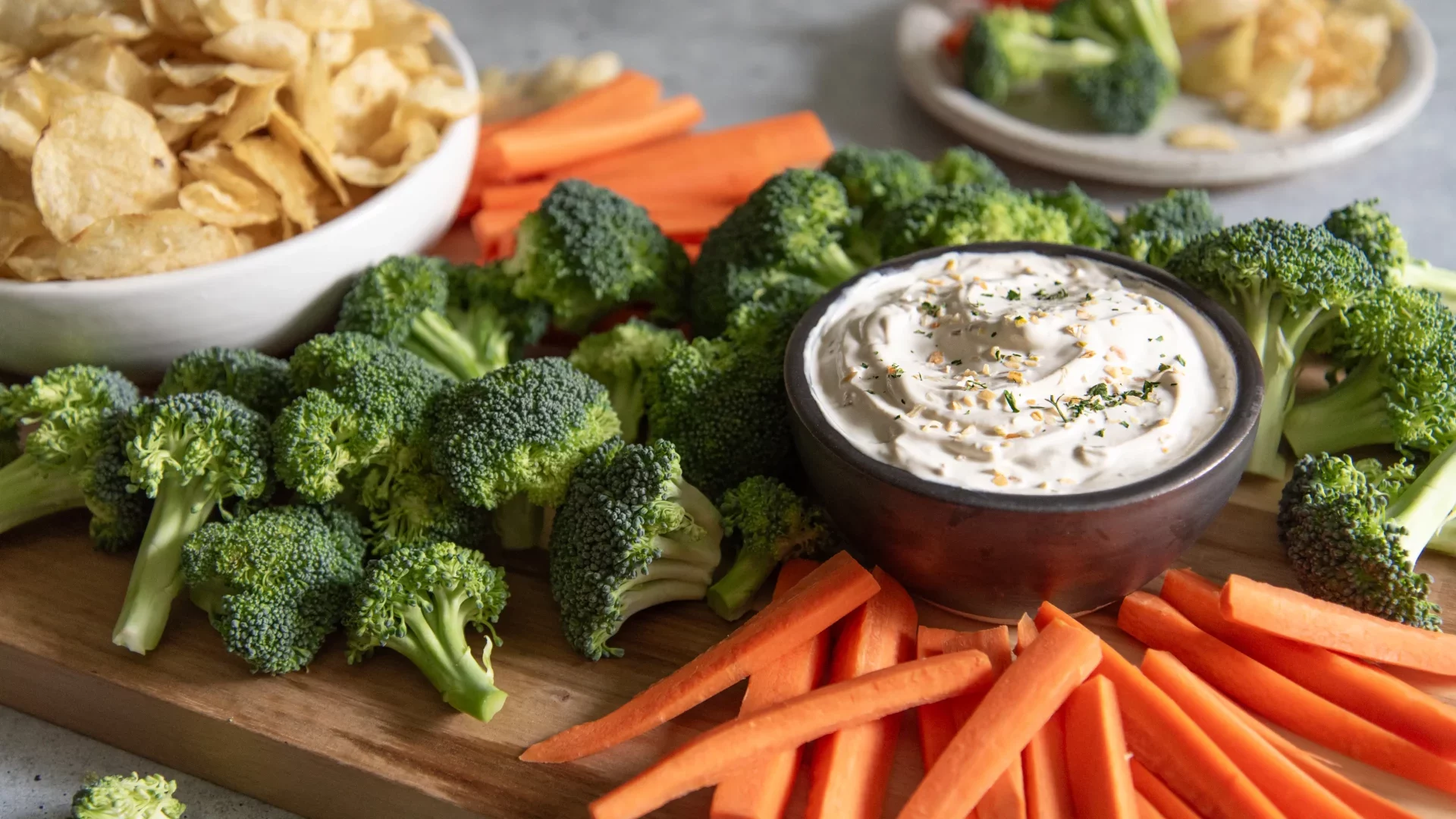 French Onion Dip with veggies and potato chips
