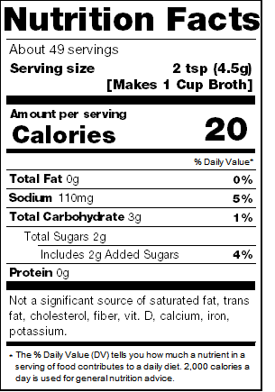 Nutrition facts for Low Sodium Chicken Soup Base, 6 × 8 oz